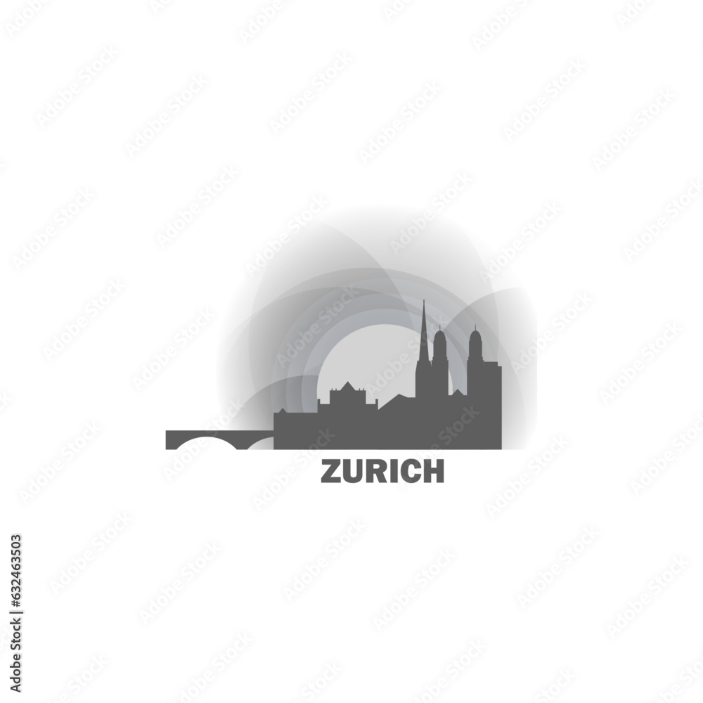 Switzerland Zurich cityscape skyline capital city panorama vector flat modern logo icon. Zurich Swiss Canton emblem idea with landmarks and building silhouettes at sunrise sunset
