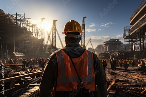 construction worker wearing a hard hat, a reflective vest, and currently working on a high-speed highway construction site. Generated with AI