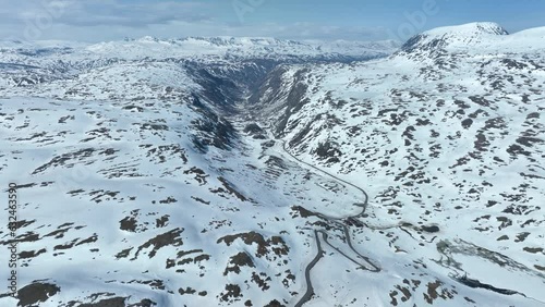 Valley leading from Sognefjellet mountain pass to Skjolden and Luster - Norway springtime aerial photo