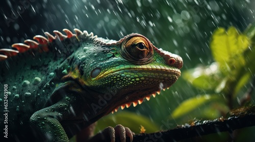 Epic Photography Shot of Chameleon on Rainy Day. Lively Rainy Season Concept. Generative Ai