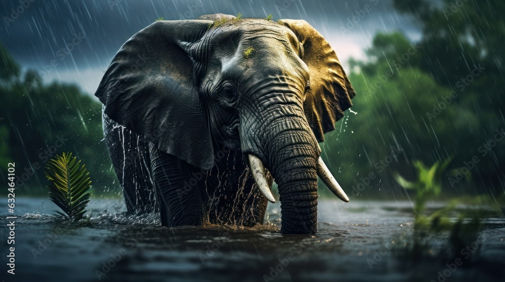 Fototapeta premium Epic Photography Shot of Elephant on Rainy Day. Lively Rainy Season Concept. Generative Ai