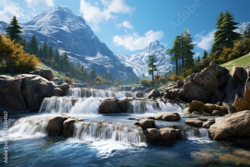 Mountain river in the autumn forest. 3d render illustration.