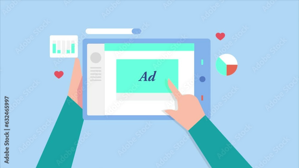 Online audience interacts with social media advertising on tablet screen, increase click rate and sales conversion, web traffic to website conceptual video animation. Online audience interacts with social media advertising on tablet screen, increase click rate and sales conversion, web traffic to website conceptual video animation.