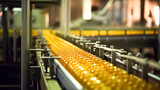 Conveyor belt, juice in glass bottles on beverage plant or factory interior. Conveyor with bottles for juice or water. Beverages factory equipments.
