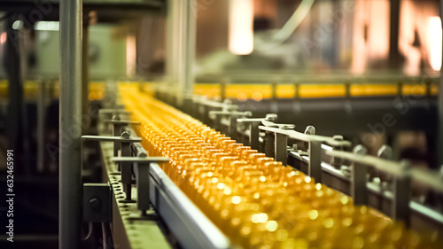Conveyor belt, juice in glass bottles on beverage plant or factory interior. Conveyor with bottles for juice or water. Beverages factory equipments. 
