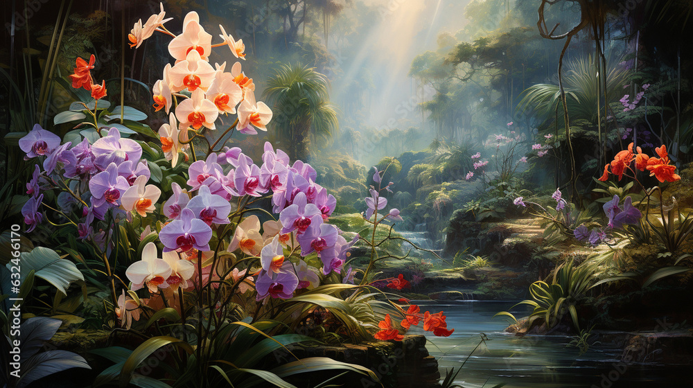 Enchanted Garden: A Lush Forest of Colorful Orchids in Full Bloom 
