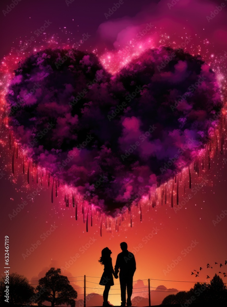 A man and a woman standing in front of a heart shaped cloud. AI.