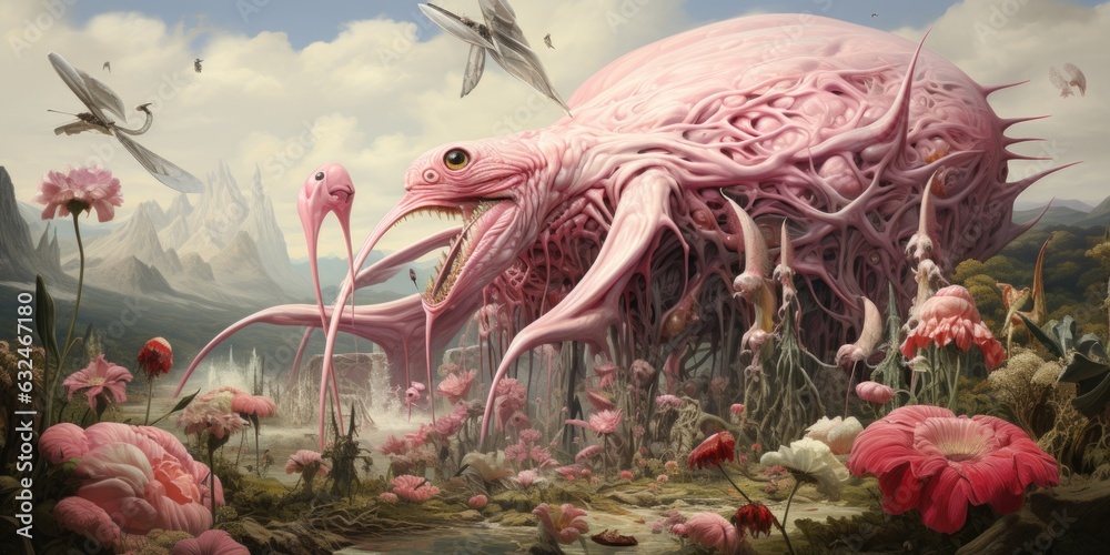A painting of a giant pink monster surrounded by flowers. AI. - obrazy, fototapety, plakaty 