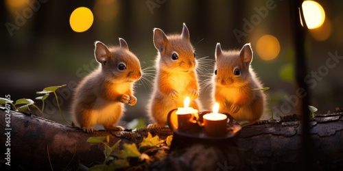 A group of small animals sitting on top of a log. AI.