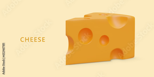 Realistic piece of cheese on colored background. Concept for dairy department. Advertisement of cheese shop. Sign for farm goods at fair. Label template