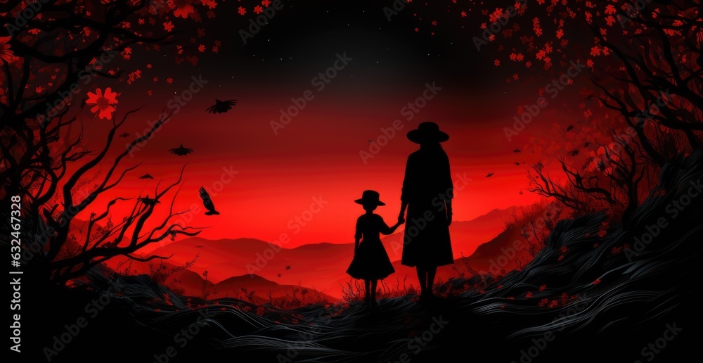 A woman and a little girl are standing in the woods. AI. A woman and a little girl are standing in the woods. AI.