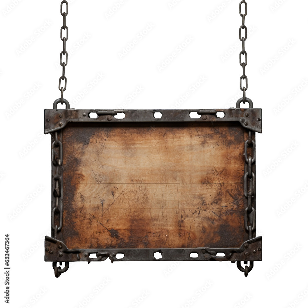 Medieval wooden sign hanging on chains isolated on transparent or white