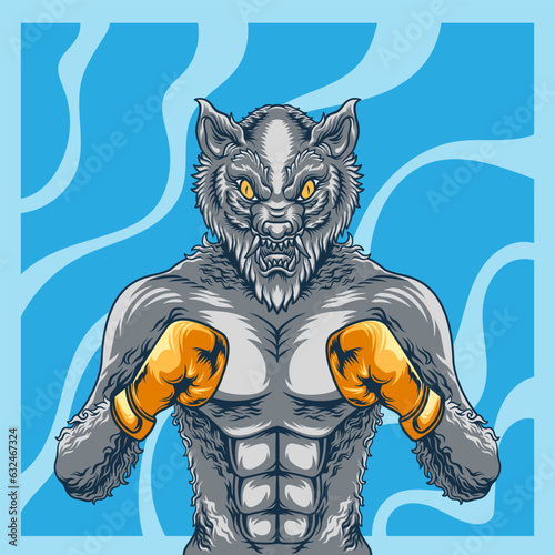 vector illustration of a humanoid wolf wearing boxing gloves, animal boxing character