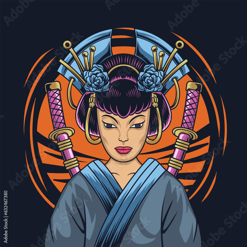vector illustration of a geisha wearing two katanas suitable for print design, t-shirt design, Japanese artwork