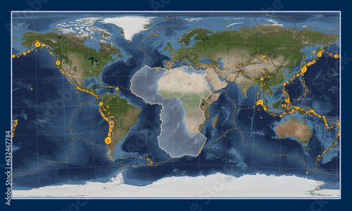 African tectonic plate. Satellite. Patterson Cylindrical Oblique. Earthquakes and boundaries