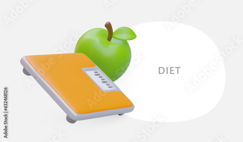 Realistic green apple and floor scales. Concept of diet, healthy food. Weight loss program, detoxification. Layout with color highlighted place for text