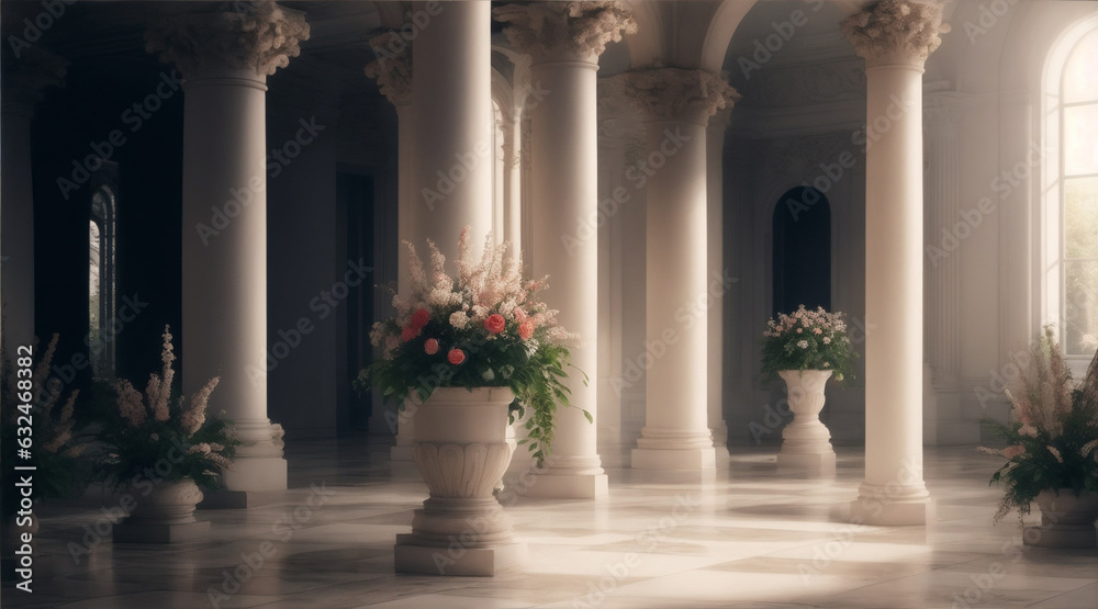 A room with columns and flowers on the floors by Generative AI