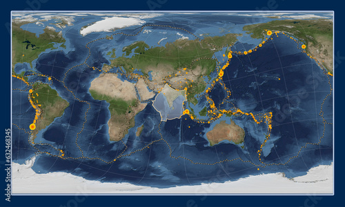 Fototapeta Naklejka Na Ścianę i Meble -  Indian tectonic plate. Satellite. Patterson Cylindrical Oblique. Earthquakes and boundaries