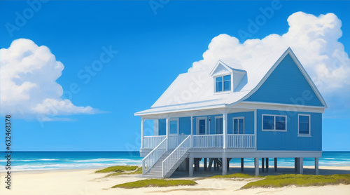 A painting of a beach house with a blue sky and the ocean in the background by Generative AI