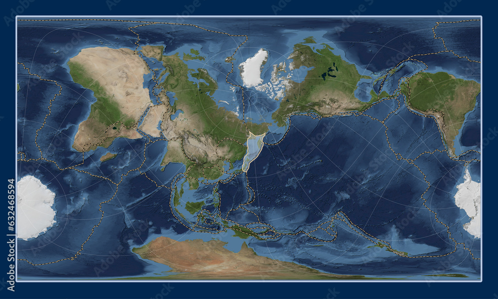 Okhotsk tectonic plate. Satellite. Patterson Cylindrical Oblique. Boundaries
