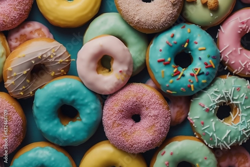 Donuts with icing and sweet sprinkles, colorful top down view background. Generative AI