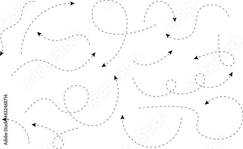Curves doodling arrows. Sketchy doodle arrow set vector illustration. Drawn dotted arrow lines vector.
