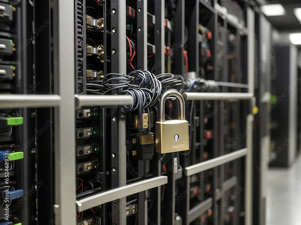 Security padlock between server tower, Generate Ai Security padlock between server tower, Generate Ai