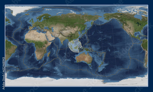 Sunda tectonic plate. Satellite. Patterson Cylindrical Oblique. Boundaries