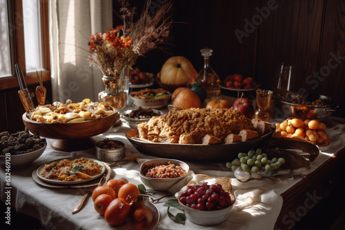 Thanksgiving festive food on wooden table. Generative AI