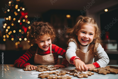 Happy kids baking gingerbread Christmas cookies together. Generative Ai