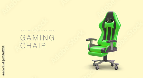 Realistic gaming green chair. Furniture on wheels. Luxurious ergonomic armchair for working at computer. User comfort. Concept for gaming equipment store