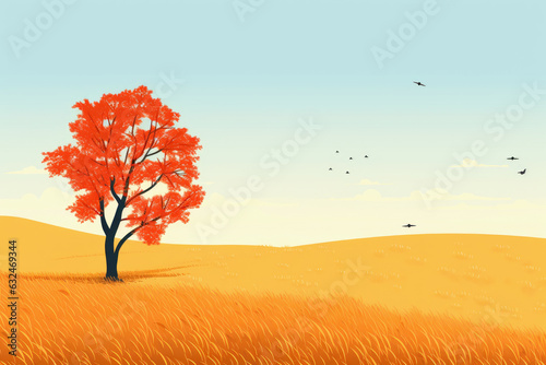 summer landscape. a lonely tree on a wheat field. minimalist flat illustration design. AI generated