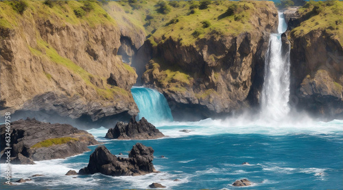 Two groups of rock formations standing at a waterfall in the pacific ocean by Generative AI © BornHappy