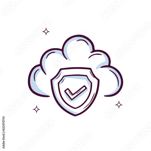 Hand Drawn Cloud icon With Shield And Check Mark. Doodle Sketch Vector Illustration