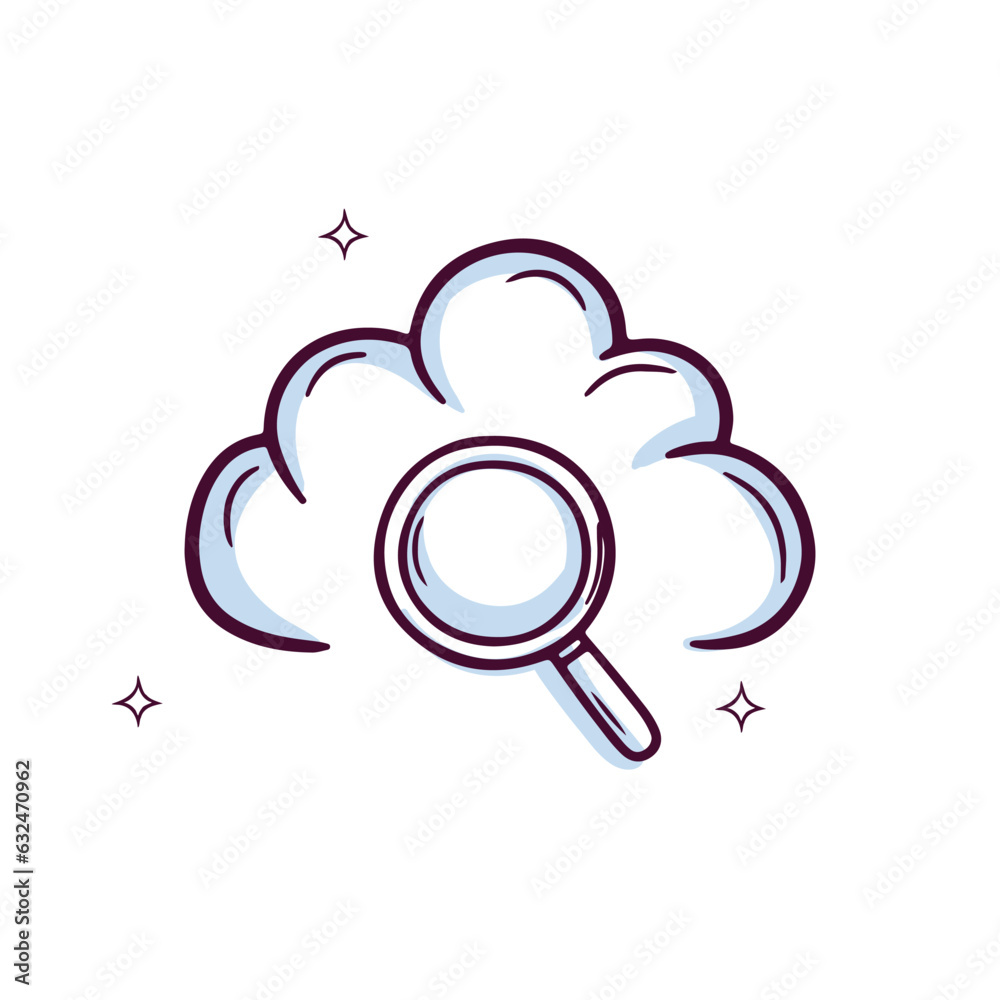 Hand Drawn Cloud Icon With Magnifying Lens. Doodle Sketch Vector Illustration Hand Drawn Cloud Icon With Magnifying Lens. Doodle Sketch Vector Illustration