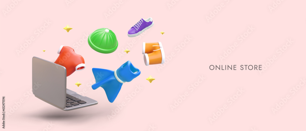 Online store. Opened realistic laptop, floating vector clothing items. Goods for men and women. Color template with place for text. Illustration in cartoon style Online store. Opened realistic laptop, floating vector clothing items. Goods for men and women. Color template with place for text. Illustration in cartoon style