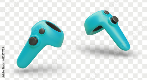 3d realistic controller for VR in different positions. Playing games with accessory. Play game with remote controller. Stuff for gamers. Vector illustration in blue colors