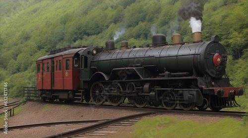 Antique locomotive chugs through mountainous forest on abandoned railroad track by Generative AI