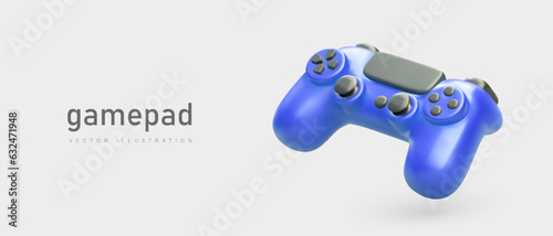 Realistic blue controller for computer game. Gamepad for console. Competition announcement template. Advertising of gaming club, room. Devices for modern entertainment