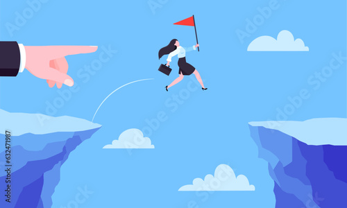 Businesswoman jumps over the abyss across the cliff flat style design vector illustration. Business concept of fearless businesswoman with courage. Risk, goal achievement, work obstacles and success.