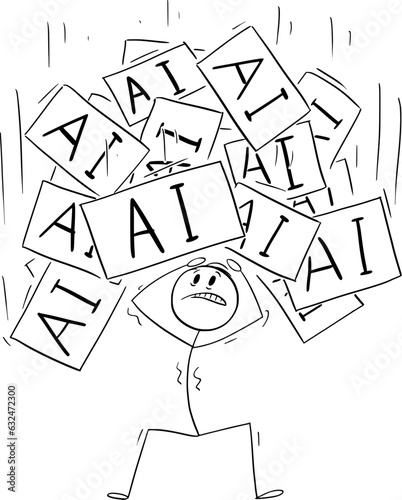 Person Overwhelmed with Ai or Artificial Intelligence, Vector Cartoon Stick Figure Illustration
