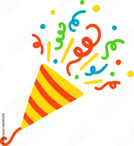 Exploding party popper. Cracker with colorful confetti. Festive firecracker icon. Popping ribbon confetti. Cracker for celebrating christmas birthday. Vector illustration isolated on white background.