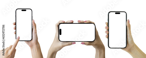 Set of hand holding smartphone on transparent background, PNG file. Mockup template for artwork design. perspective positions many different angle.
