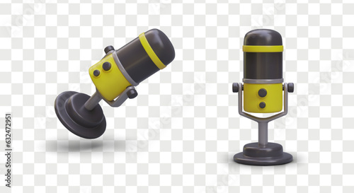 Realistic 3d microphone in different positions. Audio recording device. Podcast or karaoke microphone. Device for radio station broadcasting studio. Vector illustration
