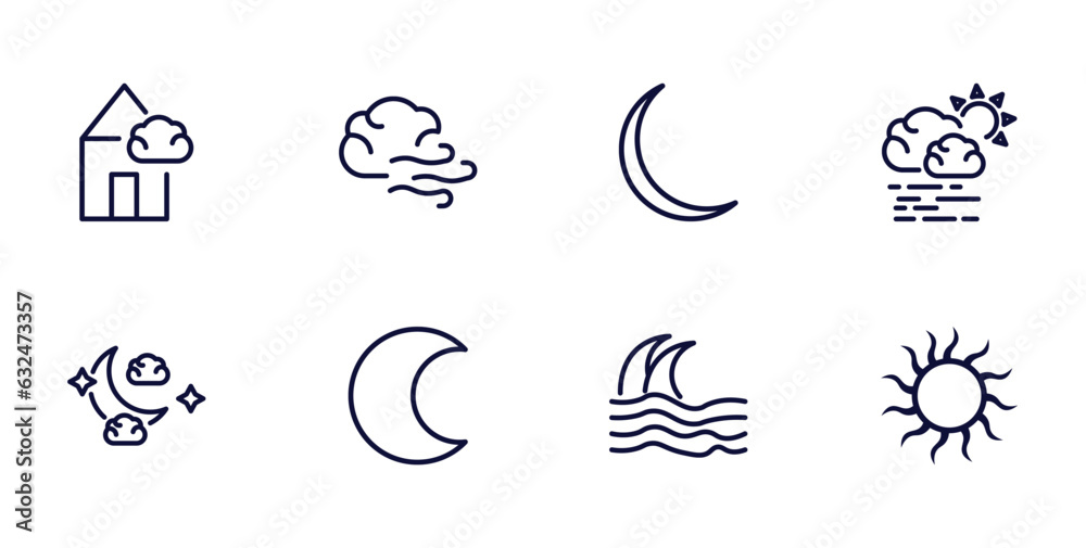 set of weather thin line icons. weather outline icons such as patchy fog, gust, haze, night, waxing moon, tsunami, sunshine vector.