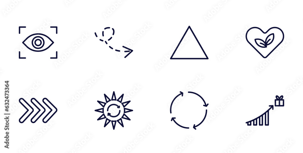 set of user interface thin line icons. user interface outline icons such as viewer, scribble broken line, ecologic heart, three arrows, solar recycle, spinning arrows, incentive vector. set of user interface thin line icons. user interface outline icons such as viewer, scribble broken line, ecologic heart, three arrows, solar recycle, spinning arrows, incentive vector.