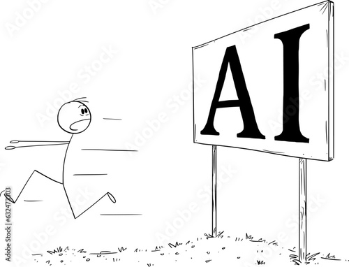 Person Running Terrified by Ai or Artificial Intelligence, Vector Cartoon Stick Figure Illustration