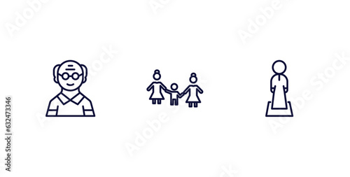 set of people and relation thin line icons. people and relation outline icons included old man, lesbian couple and son, salat vector.