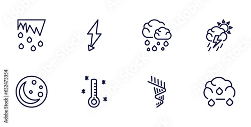set of weather thin line icons. weather outline icons such as thaw, thunderbolt, stormy, first quarter, freezing, aurora, sprinkle weather vector.