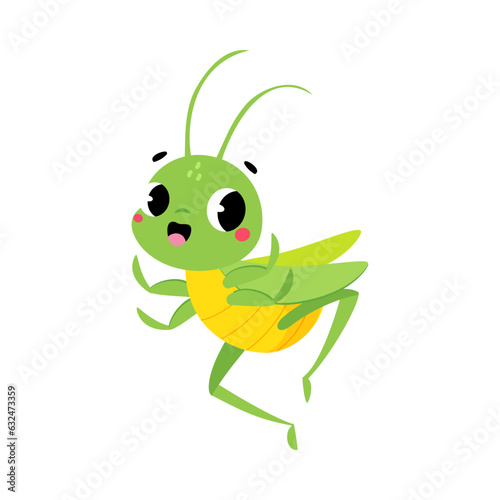 Cute Green Grasshopper Character Jump with Joy Vector Illustration